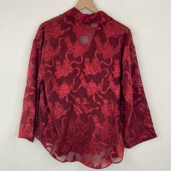 Vintage 80s Victoria Secret Red Pajama Set Small Sheer Metallic Floral Jacquard - Picture 3 of 11